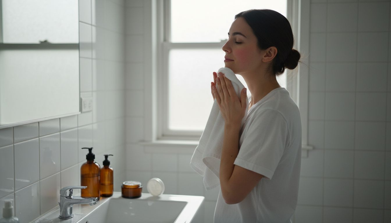 Woman caring for sensitive skin in real bathroom
