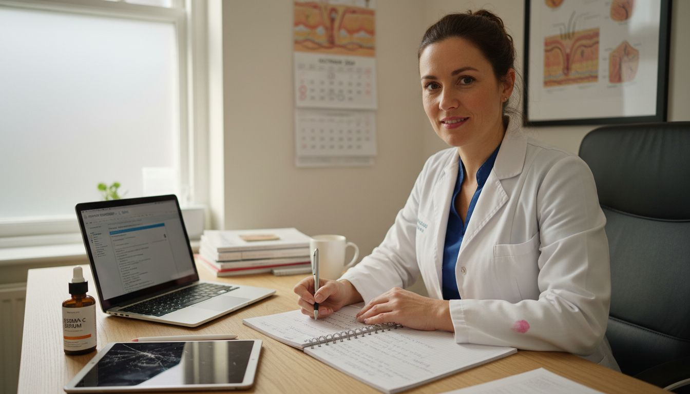 Dermatologist in exam room reviews skincare chart