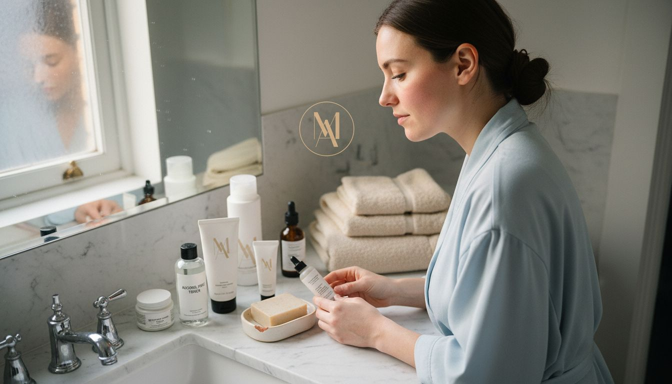Woman inspecting sensitive skin care products