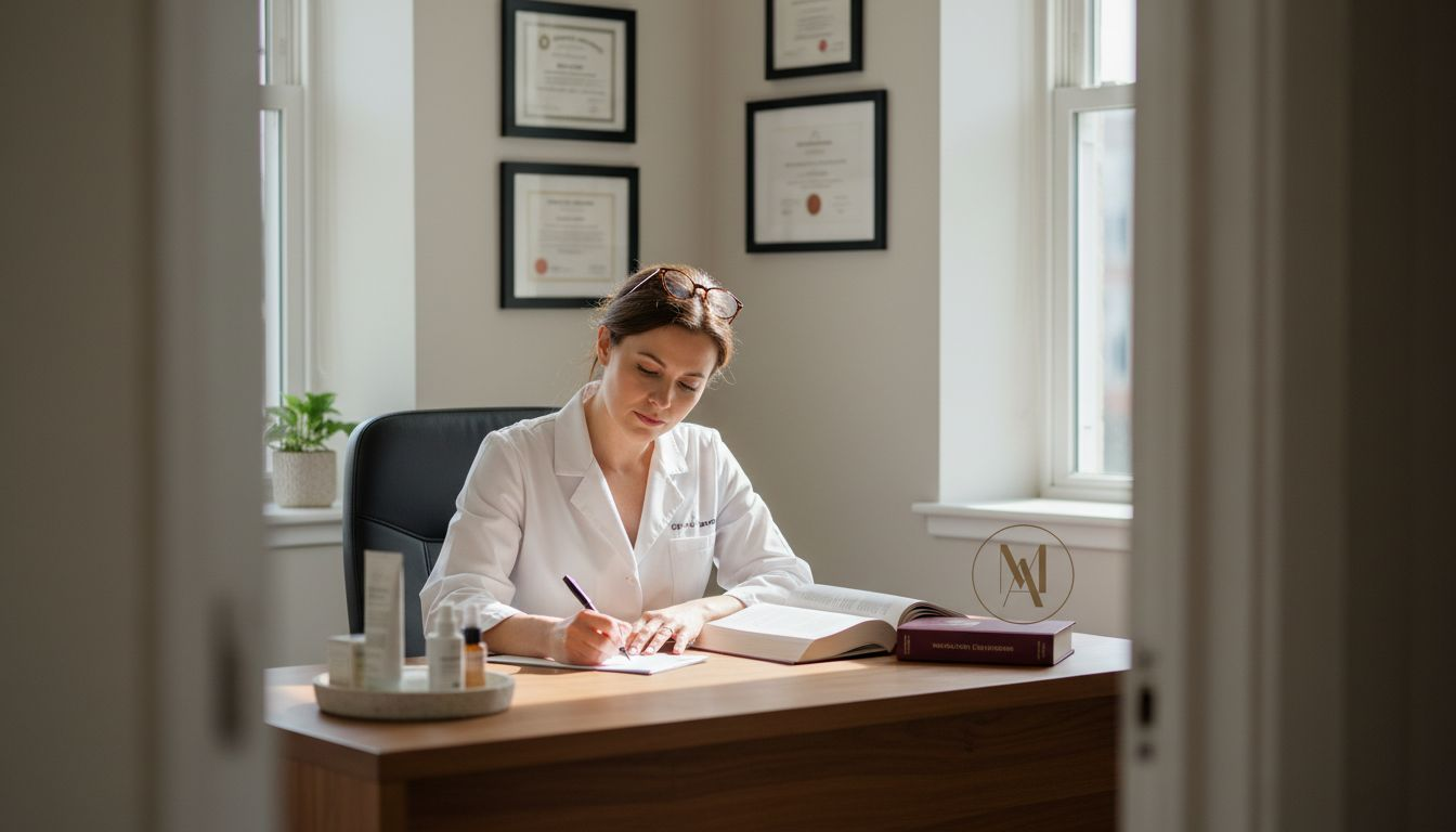 Dermatologist writing prescription in clinic office