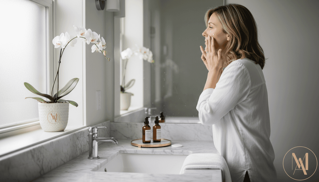 Woman doing luxury skincare at city vanity