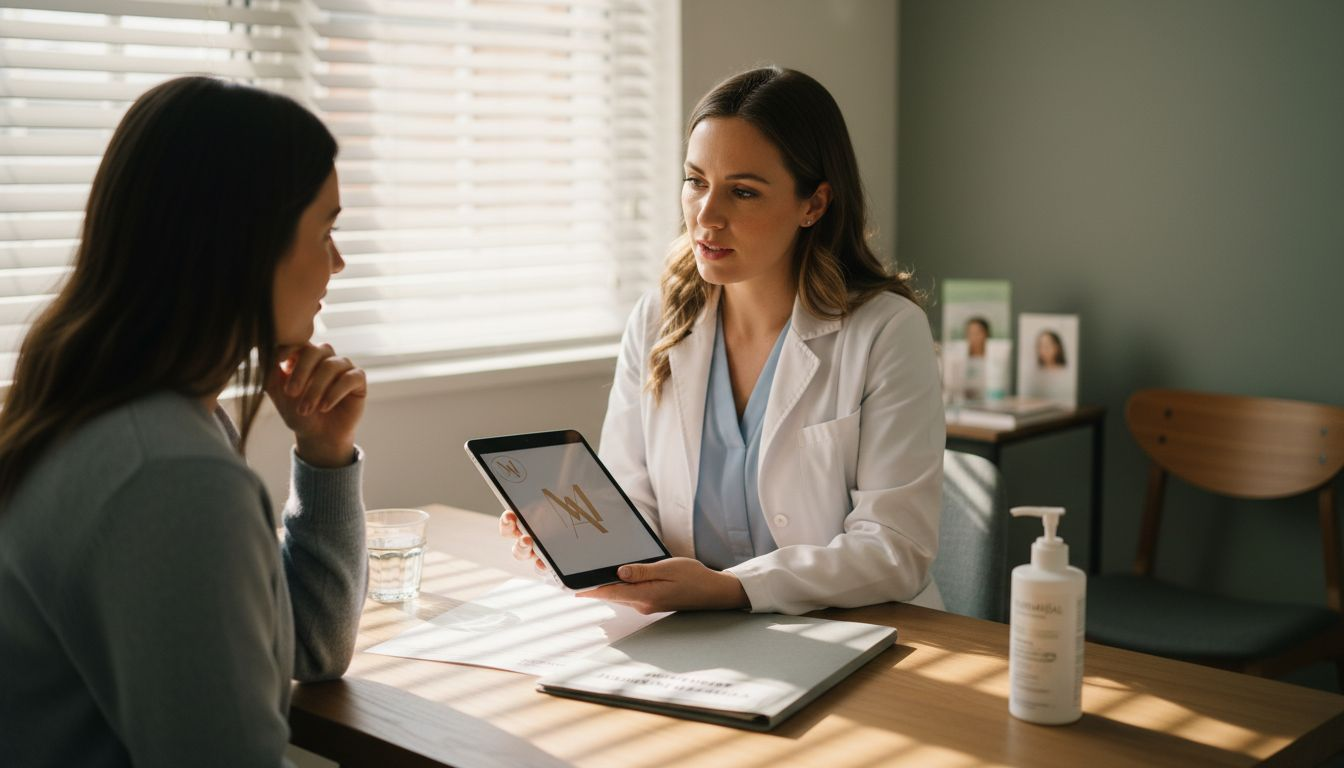 Skincare expert consults patient in clinic room