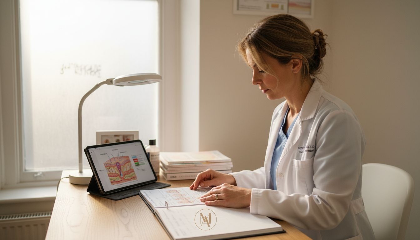Dermatologist reviews skincare chart in clinic