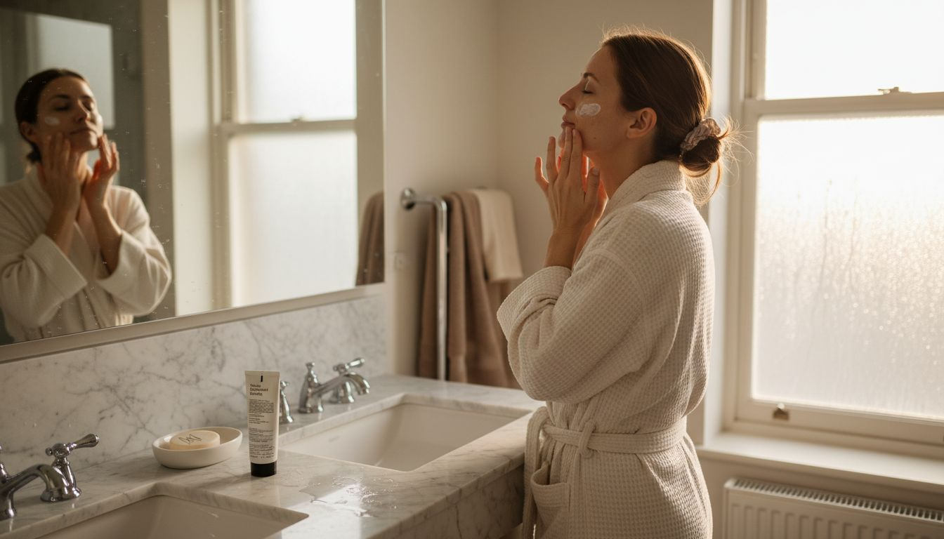 Woman applying skincare in sunlit bathroom