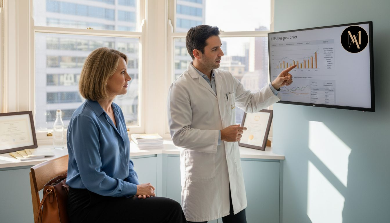 Patient consulting about HIFU skin treatment