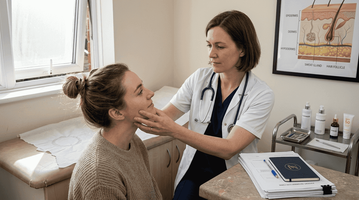 Dermatologist examining woman's sensitive skin at clinic