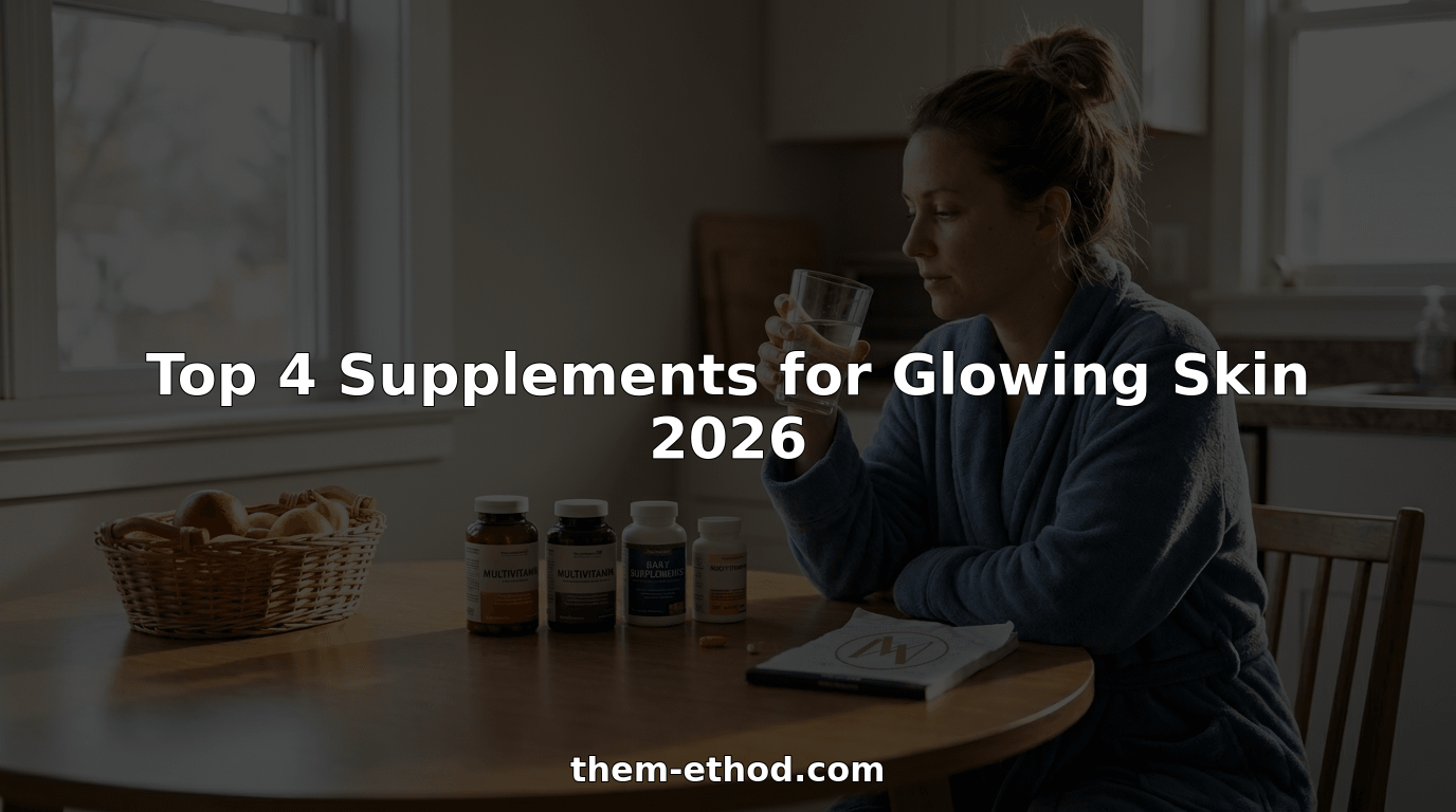 Woman with supplements for glowing skin on kitchen table