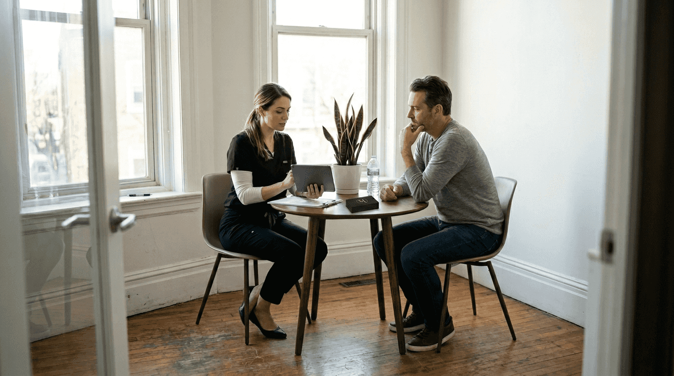 Diverse adult skincare consultation scene