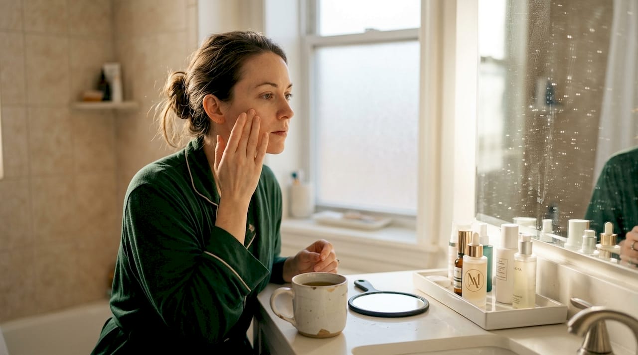 Woman applying serum at bathroom vanity