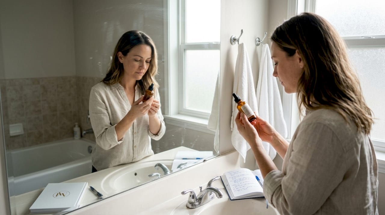 Clinician reviewing skincare product in home bathroom