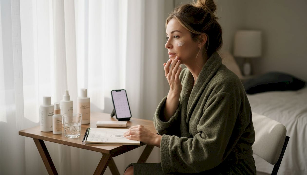 Woman applying bespoke skincare at vanity