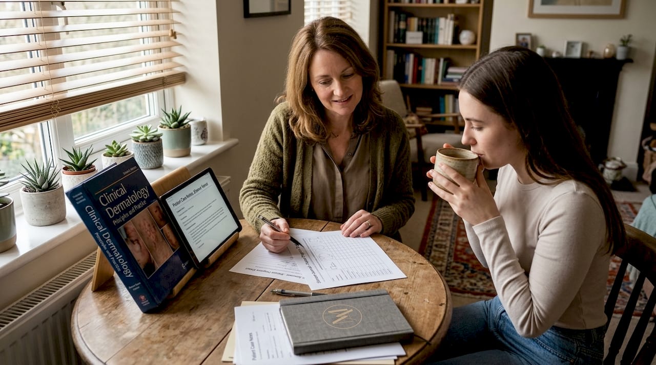 Dermatologist and patient review holistic skin chart