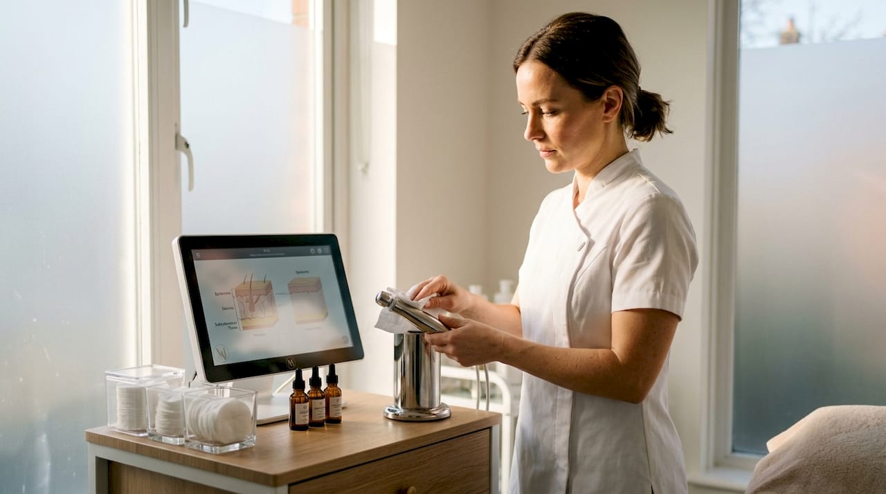 Skin specialist preparing professional device in clinic