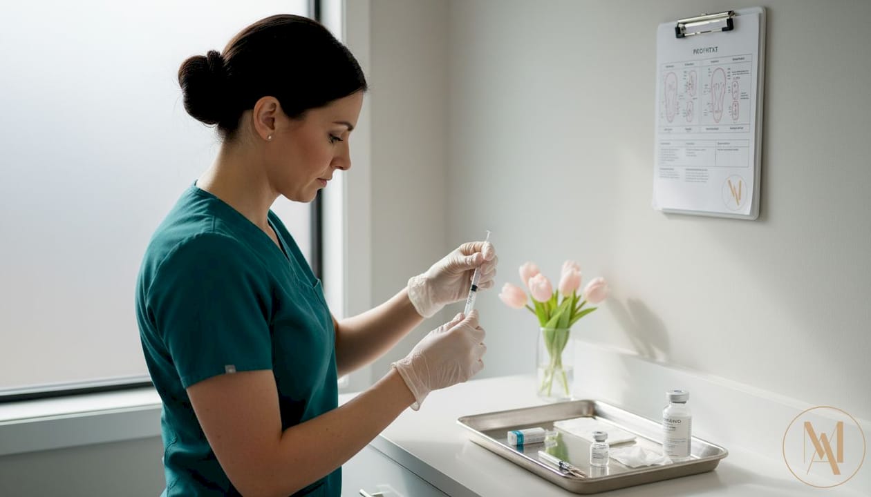 Nurse preparing Profhilo injection in clinic room
