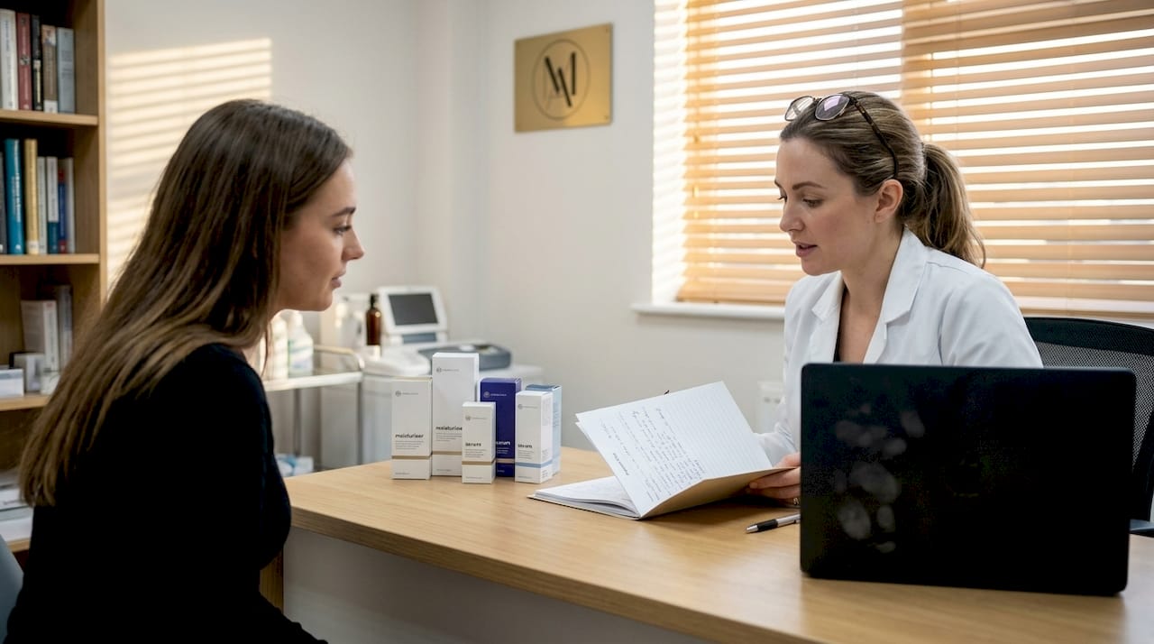 Dermatologist and patient discuss skincare regimen