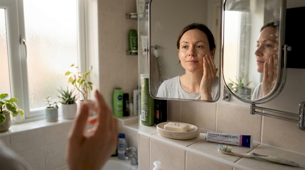 Woman applies skincare in sunlit small bathroom