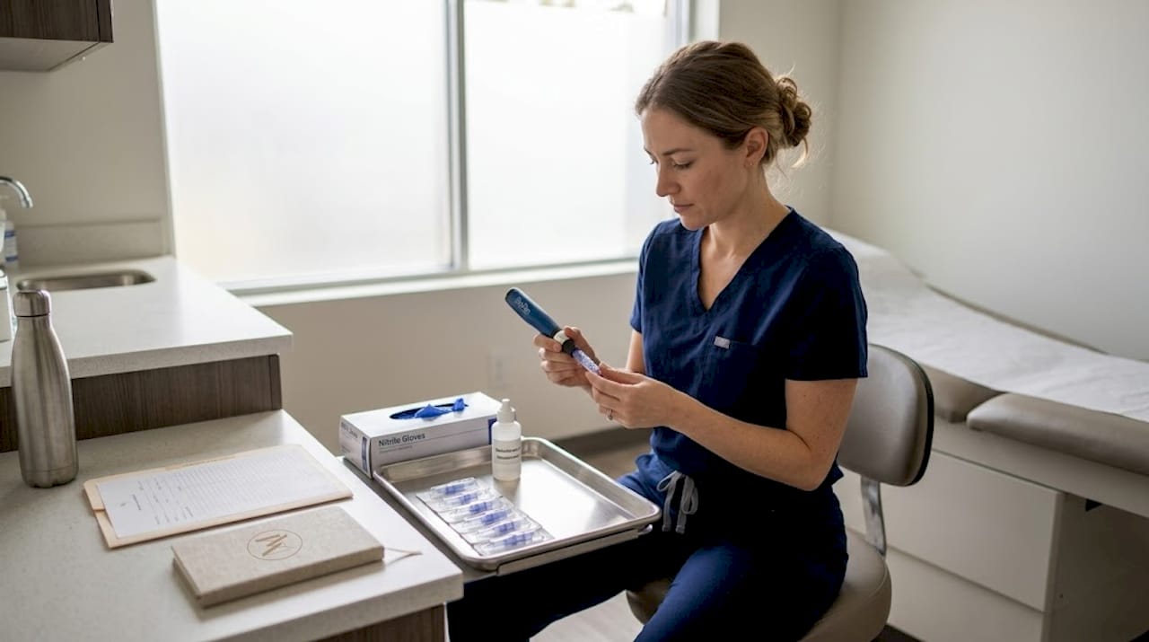 Clinician prepares SkinPen device in clinic room