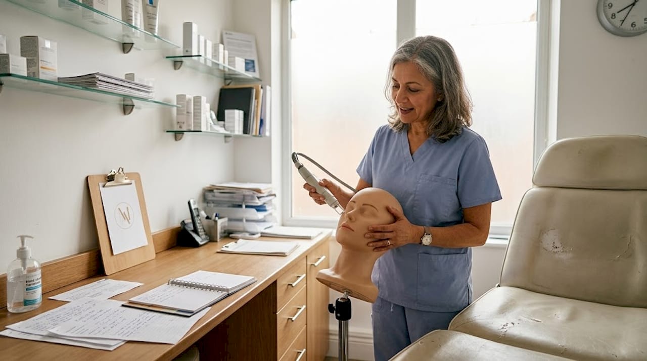 Dermatologist demonstrating skincare device in clinic