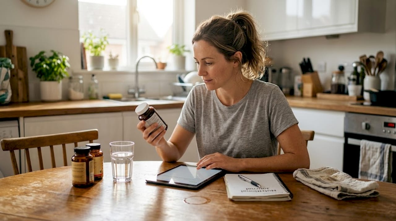 Woman reviewing supplements at kitchen table