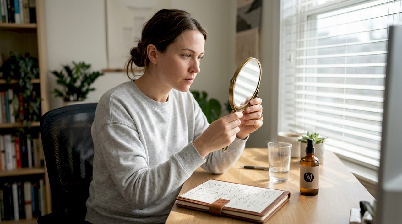 Woman performing skin analysis at home desk