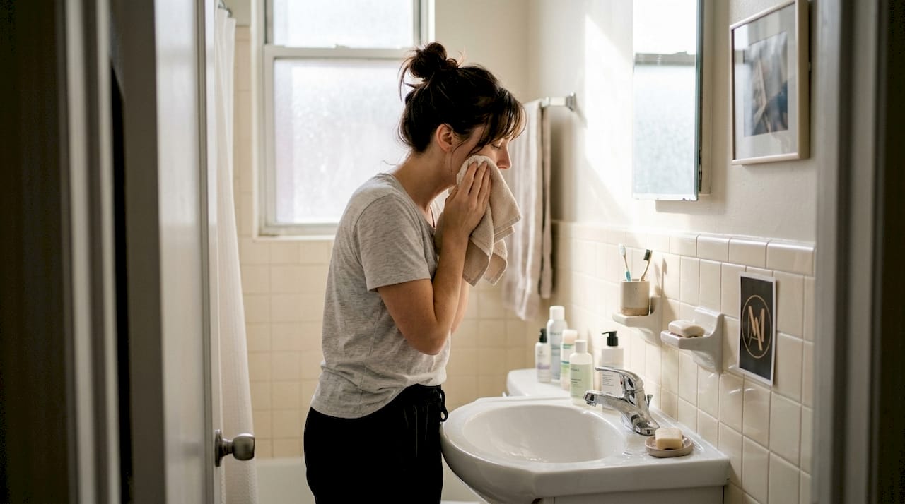 Woman doing skincare in bright home bathroom
