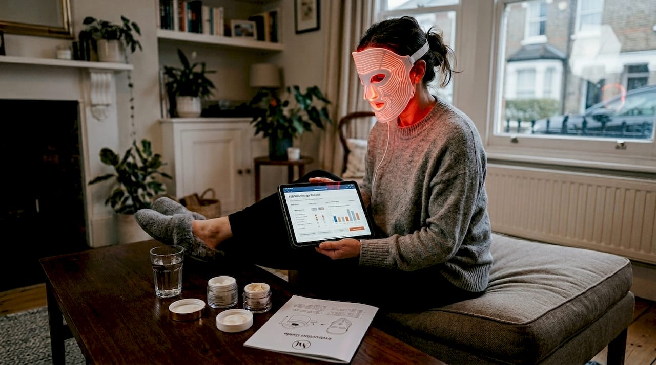 Woman using LED mask for skincare routine