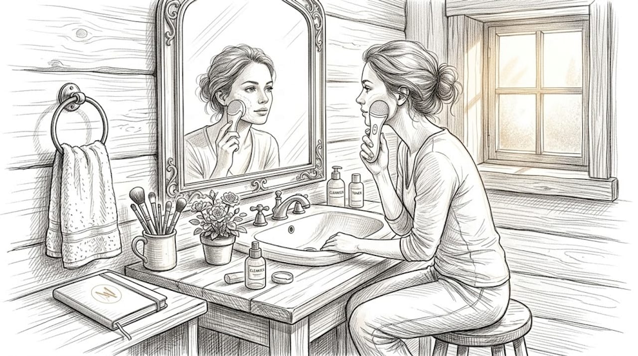 Woman using skincare device at vanity