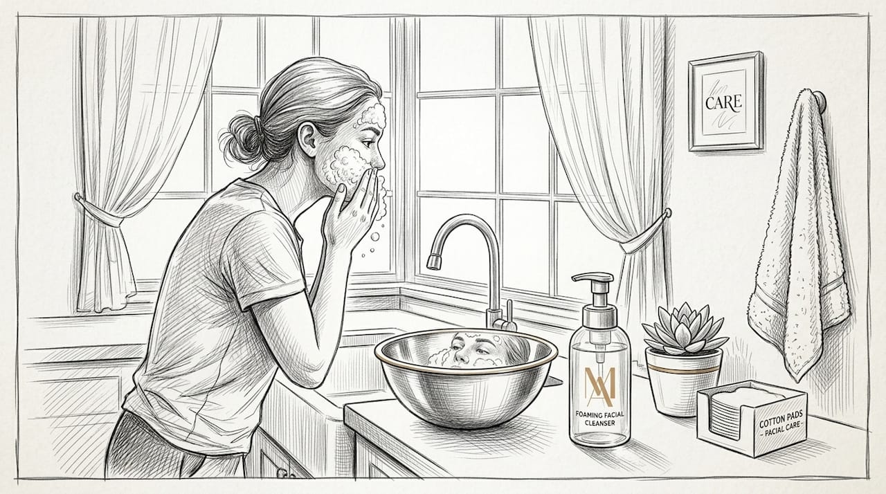 Person doing acne skincare routine at bathroom mirror