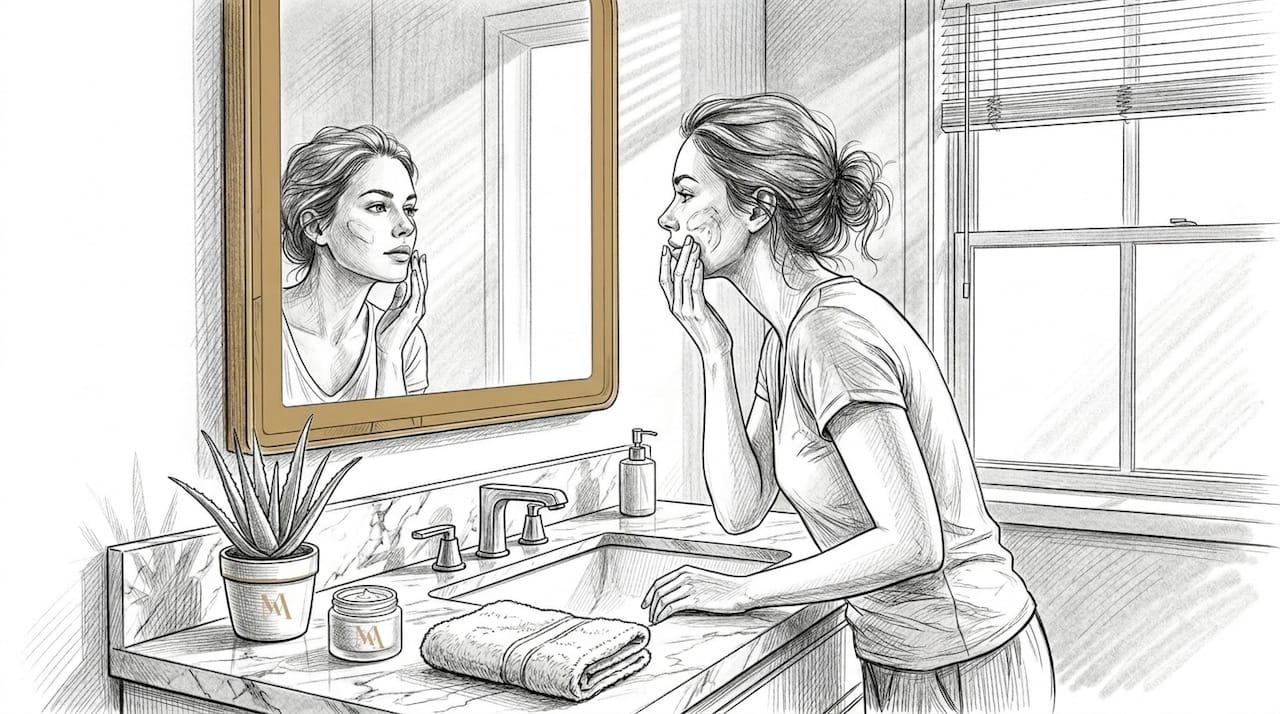 Woman applying exfoliant at bathroom sink