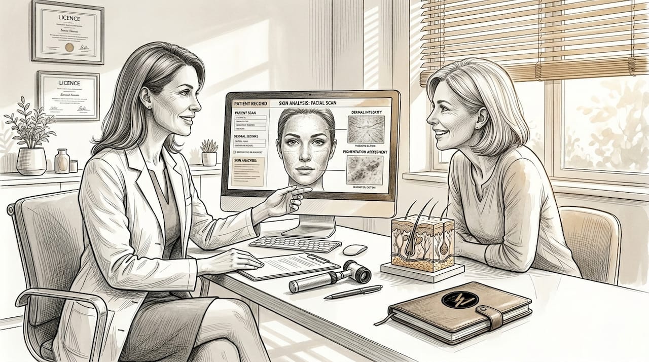 Dermatologist analyzing patient's skin scan in clinic