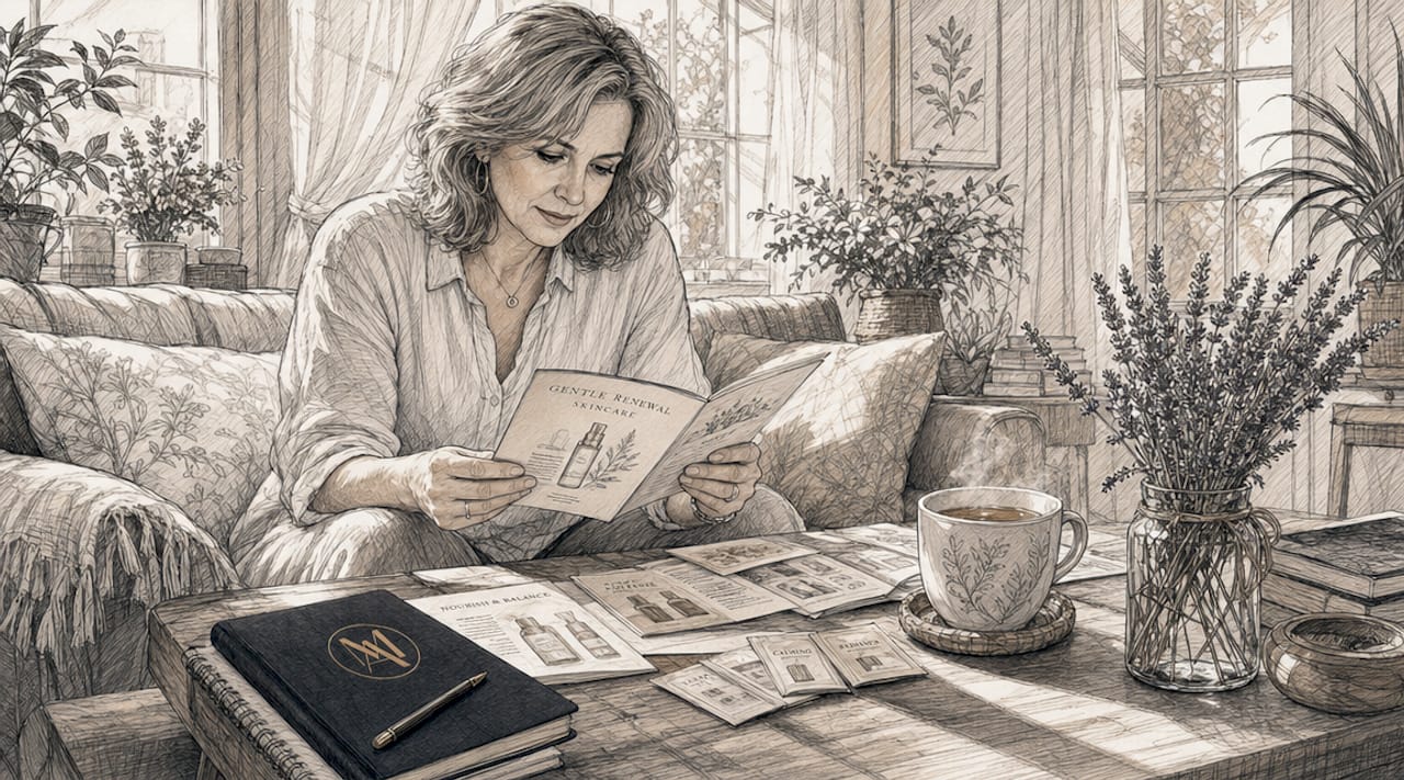 Woman researching skincare alternatives at home desk