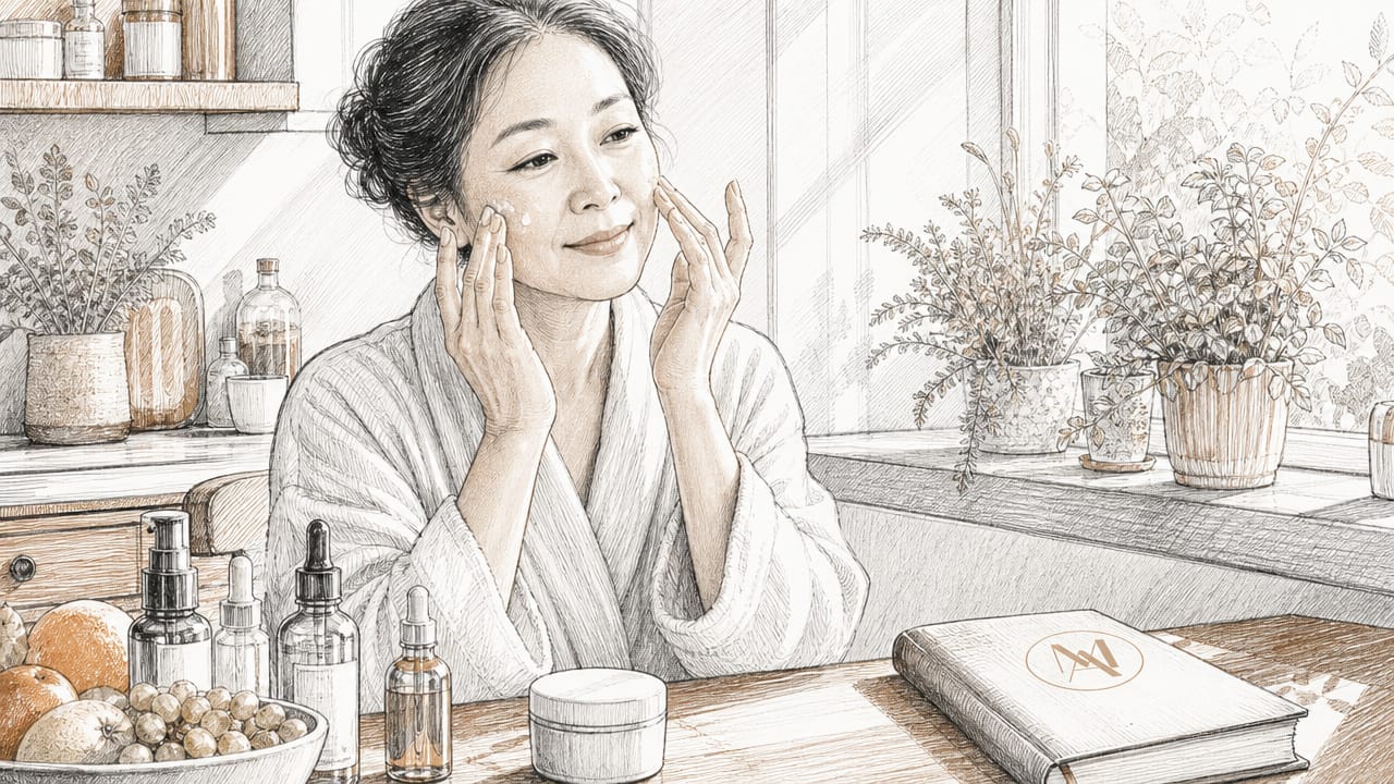 Woman applying cosmeceutical serum in bathroom