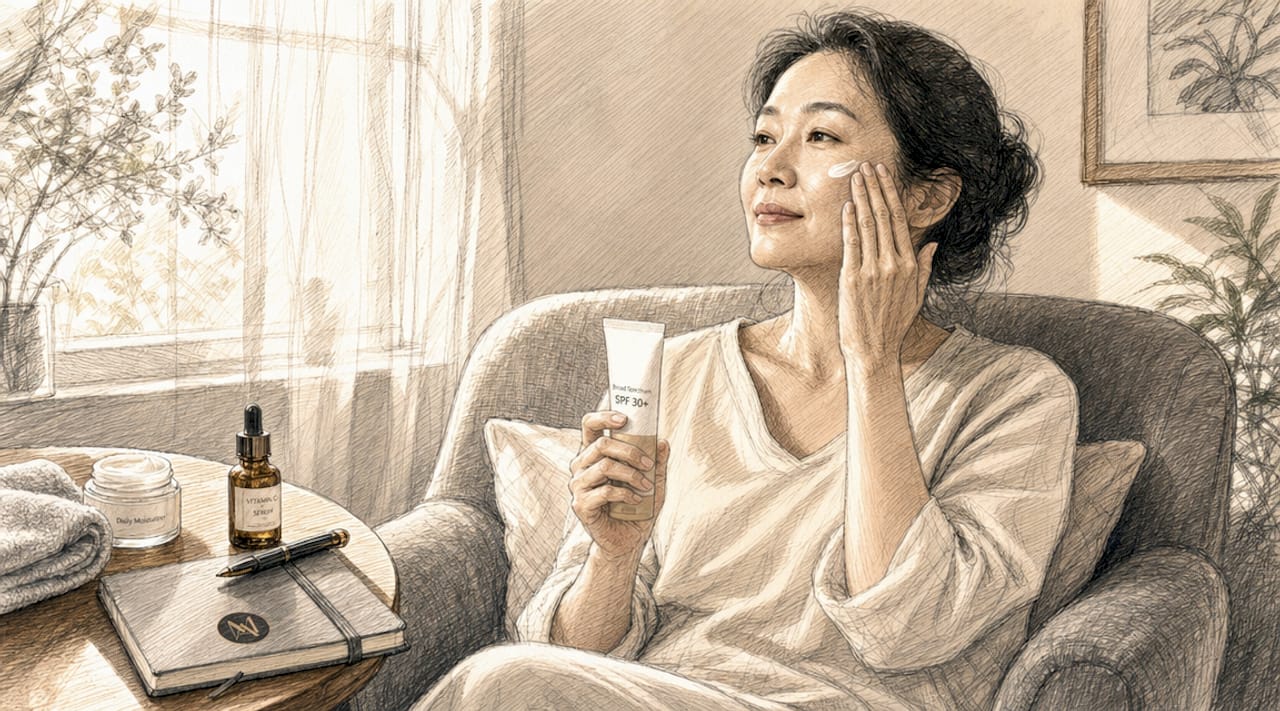 Woman applying daily sunscreen at bathroom vanity