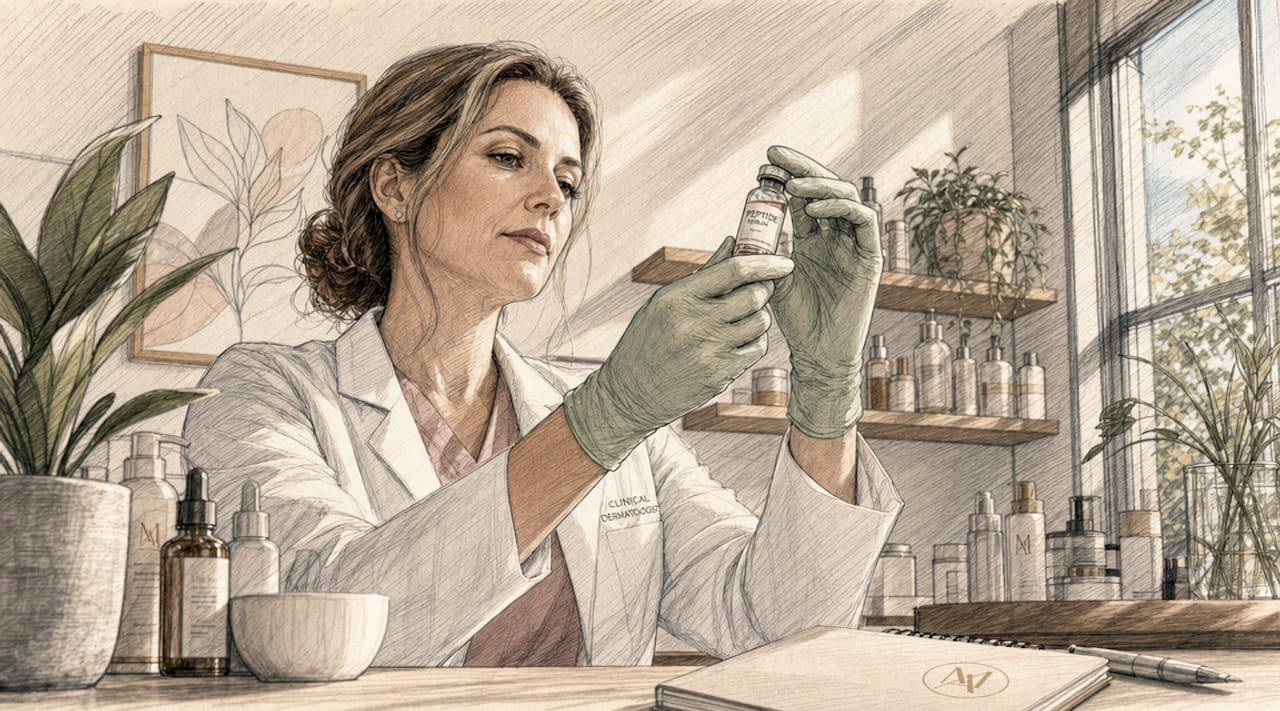 Dermatologist examining peptide serum in clinic
