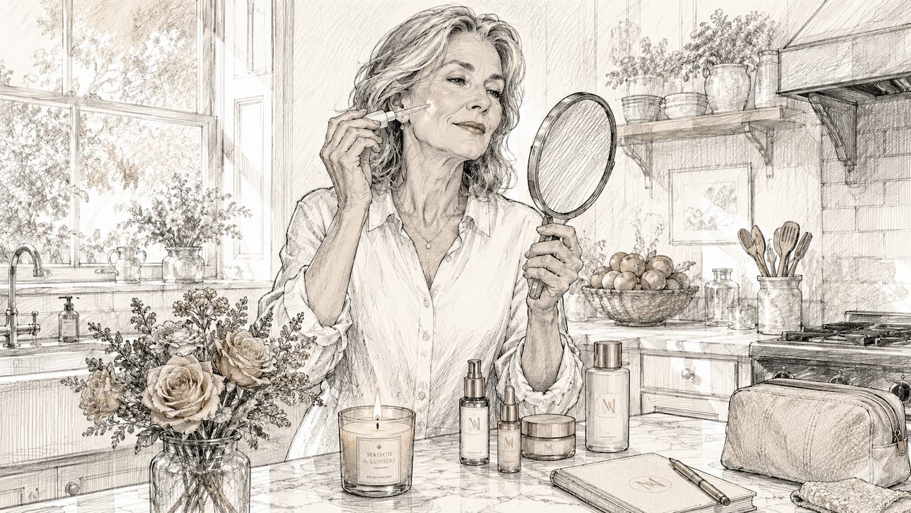 Woman applying moisturizer in bathroom morning