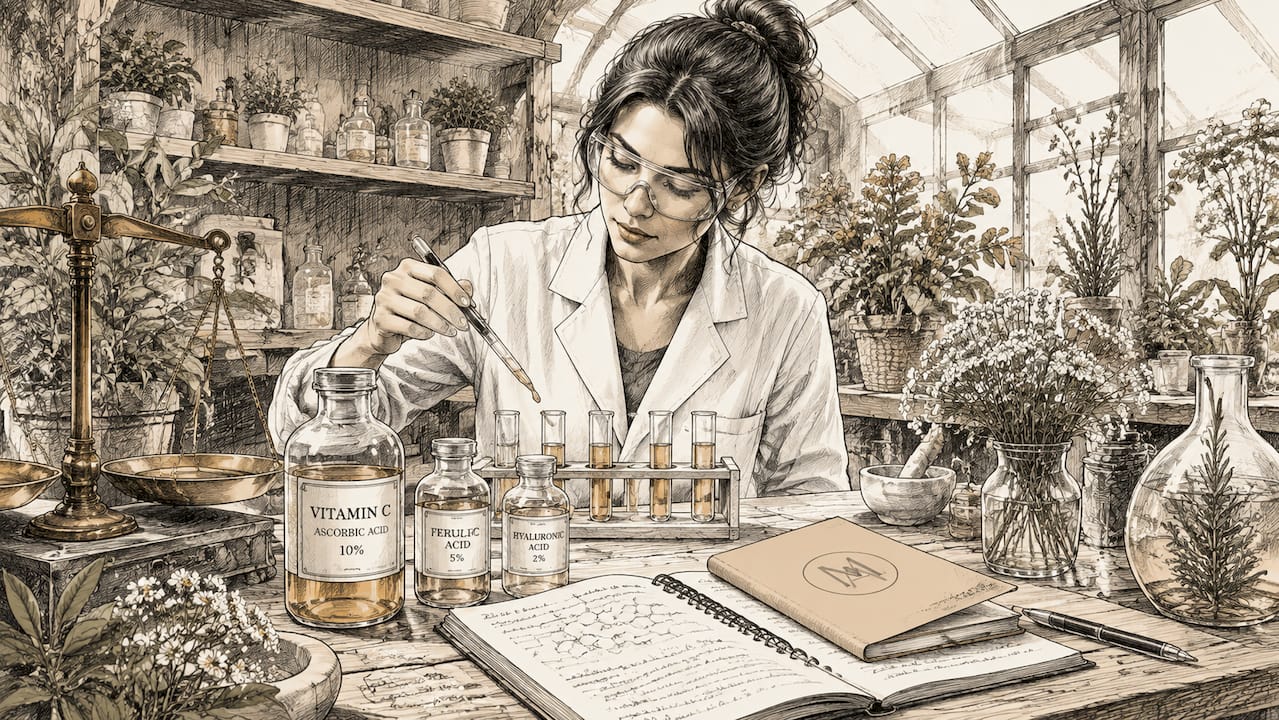 Skincare researcher testing vitamin C serum in lab