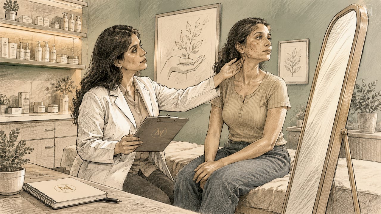 Dermatologist consulting patient about skin concerns