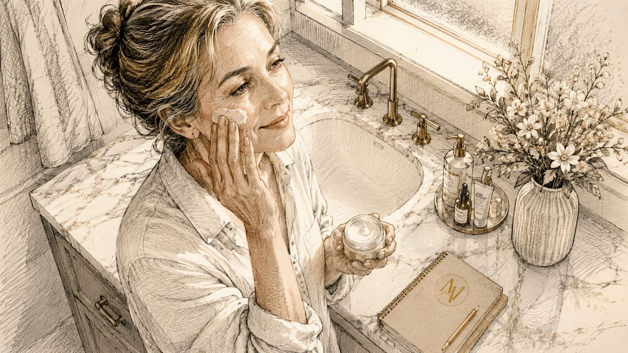 Woman applying cream to aging skin at vanity