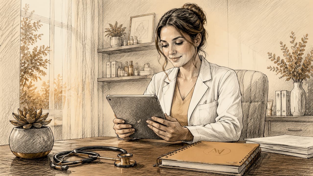 Dermatologist reviewing patient records in consultation