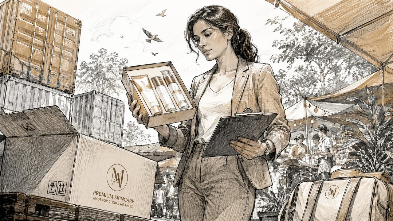 Woman inspecting skincare shipment at warehouse dock