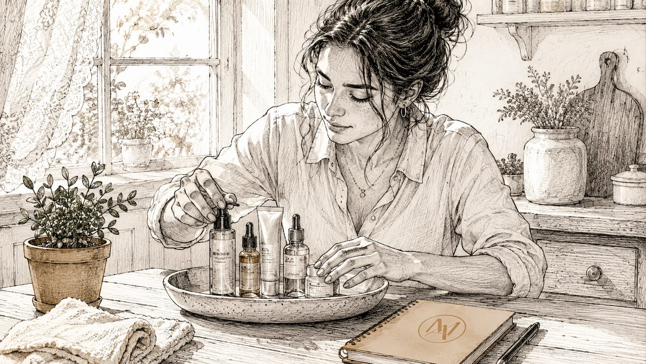 Woman arranging staged skincare products at vanity