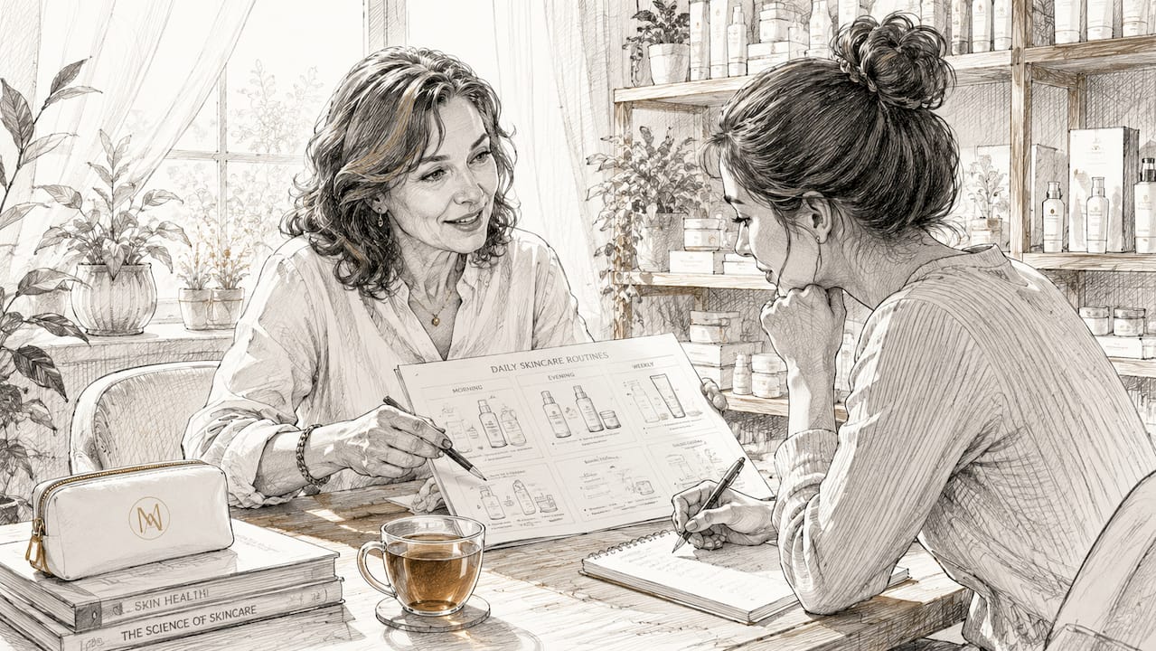 Consultant explaining skincare choices to client