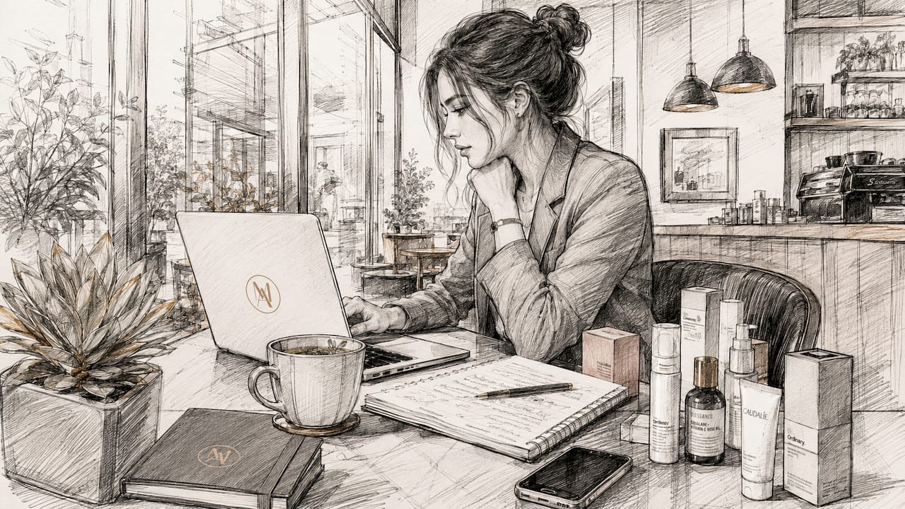 Woman researching skincare marketplaces on laptop