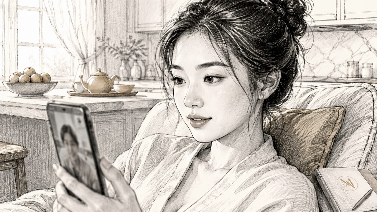 Woman having virtual skincare consultation at home