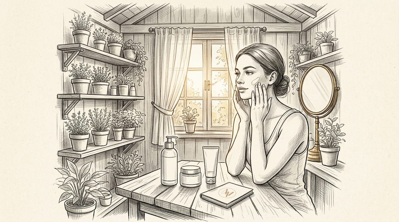Woman applying minimalist skincare product in bathroom