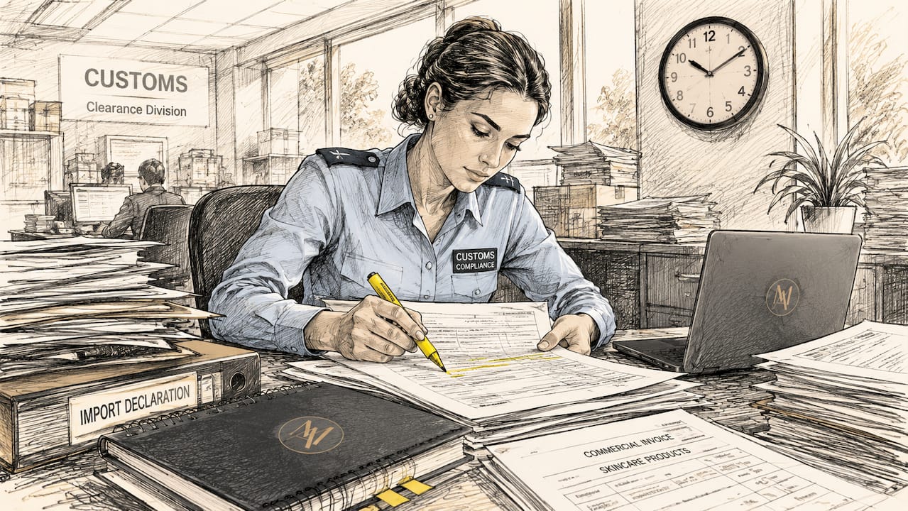 Customs officer reviewing skincare shipment paperwork
