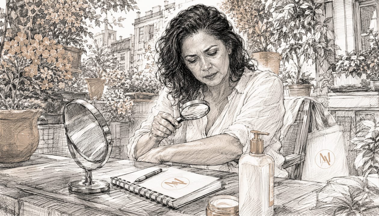 Woman checking skin condition at home
