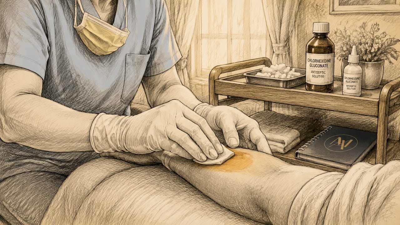 Healthcare professional applying skin antiseptic