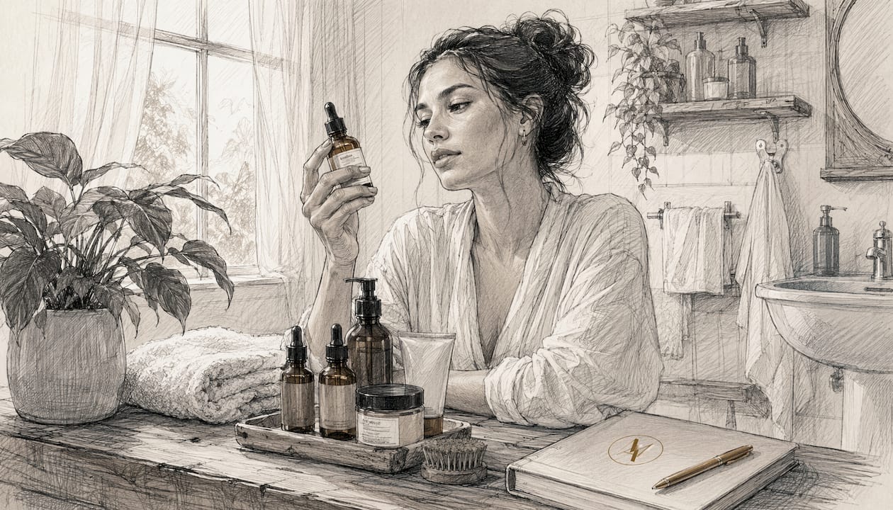 Woman inspecting serum bottle at bathroom vanity