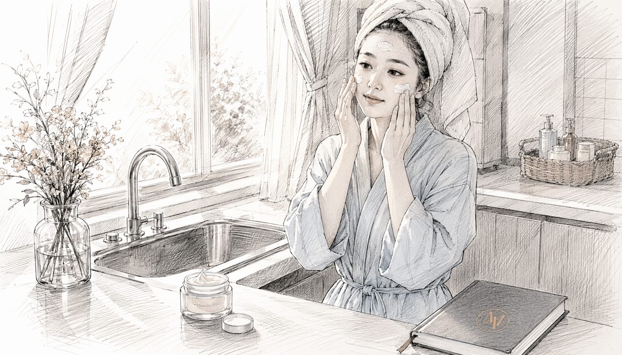 Woman applying facial moisturizer in bathroom